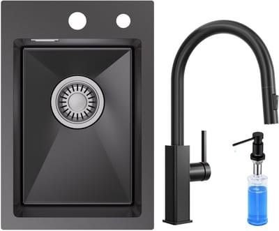 CECIPA max Spoelbak Keuken 30x45 cm - Spoelbak Keuken Met Uittrekbare Uitloop Keukenkraan en Zeepdispenser 300ML - Spoelbakken Keuken Antraciet - Wasbak Keuken - incl. Afvoerzeefje en Sifon