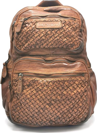 HillBurry Luxe Laptop Rugzak met Vlechtwerk - Gewassen leer Tan - Geschikt voor laptop t/m 15,6" - h42cm x b30cm x d8cm