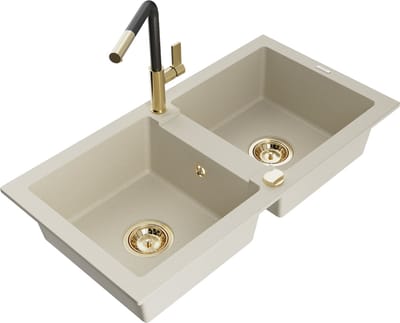 Mexen Mario granieten spoelbak 2-kamer met keukenmengkraan Flora, beige - 6504-69-670401-57-G