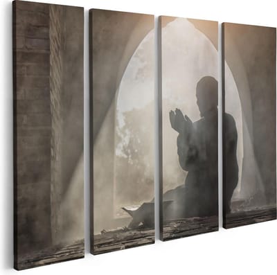 Artaza Canvas Schilderij Vierluik Biddende Man In Een Oude Moskee  - 80x60 - Foto Op Canvas - Canvas Print