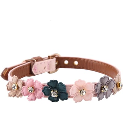 Bloem met Diamant Huisdier Kat Hond Halsband Verstelbaar PU Leer Honden Vlinderdas (Roze 1.3 * 34cm ) Pink brown