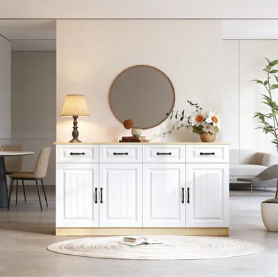 FloraGrace Dressoir - Opbergkast Met 4 Laden En 4 Deuren - Voor Woonkamer Slaapkamer En Keuken - MDF - 160x35x80 Cm - Wit Naturel
