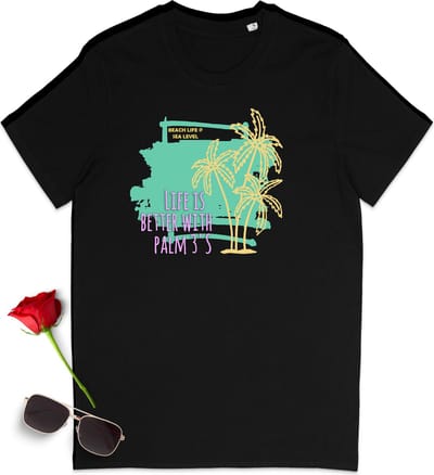 Zomer tshirt met print - Life is better with palmtrees - T-shirt met zomer opdruk heren - T shirt dames met zomer print - Vakantie t shirt voor vrouwen en mannen - Unisex maten:  S M L XL XXL XXXL - Tshirt kleuren: Zwart, geel, rood en blauw.