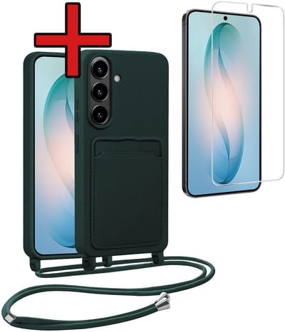 Hoesje Geschikt voor Samsung S26 Hoesje Siliconen Case Met Koord Met Screenprotector - Hoes Geschikt voor Samsung Galaxy S26 Hoesje Backcover Met Telefoonkoord - Donkergroen