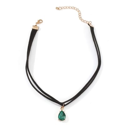Groene choker ketting dames met druppel hanger – zwarte minimalistische ketting met smaragdgroene steen – fijne choker ketting dames sieraden
