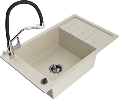 Mexen Elias granieten gootsteen 1-komorige met afdruipplaat en keukenkraan Duo, beige - 6511-69-671701-07-B