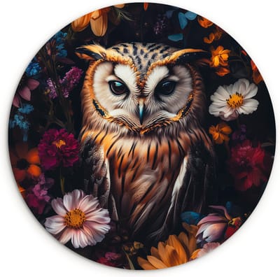 WallCircle® Wandcirkel 120x120 cm - Muurcirkel Uil - Bloemen - Kleurrijk - Natuur - Muurdecoratie woonkamer - Wanddecoratie slaapkamer - Kamer decoratie accessoires - Ronde schilderijen XXL