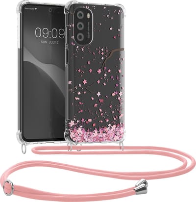 kwmobile telefoonhoesje geschikt voor Motorola Moto G52 / Moto G82 5G - Hoesje met telefoonkoord - Back cover voor smartphone - Case in poederroze / donkerbruin / transparant