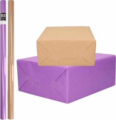 4x Rollen kraft inpakpapier/kaftpapier pakket bruin/paars 200 x 70 cm/cadeaupapier/verzendpapier/kaftpapier