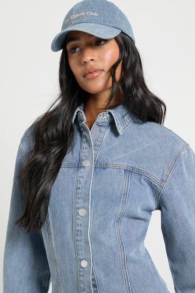 boohoo Dames Hoge lange mouw denim jurk met getailleerde taille | Mid Blue | Maat: 6
