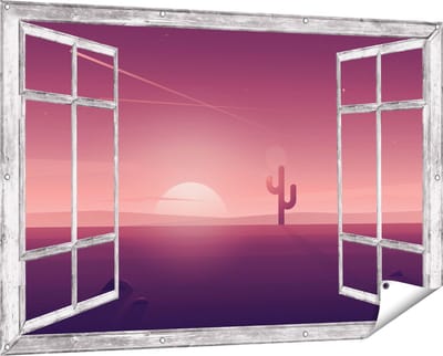Gards Tuinposter Doorkijk Zonsondergang in de Woestijn met een Cactus - 150x100 cm - Tuindoek - Tuindecoratie - Wanddecoratie buiten - Tuinschilderij