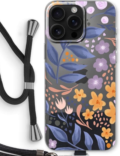 Case Company® - Hoesje met koord geschikt voor iPhone 16 Pro Max hoesje met Koord - Flowers with blue leaves - Telefoonhoesje met Zwart Koord - Bescherming aan alle Kanten en Over de Schermrand
