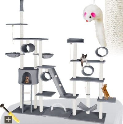 tectake® Grote kattenkrabpaal - Krabpaal met accessoires - Plafondhoog xxl krabpaal - Speeltoren met ligplaatsen, sisal palen, hangmat, kattentrap, tunnels - Wandmontage mogelijk - Afmeting (LxBxH) 218 x 70 x 229,5 cm - 261 cm - Grijs