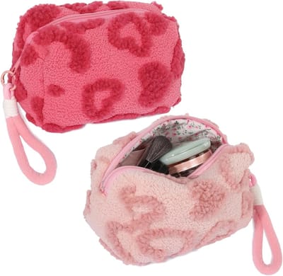 Tas - Make-uptasje - Pluche make-uptas voor dames – Set van 2 toilettasjes voor meisjes met hartjesmotief – Roze mini-toilettasje – Make-uptas met handvat voor dames en meisjes reizen/cadeau – Roze