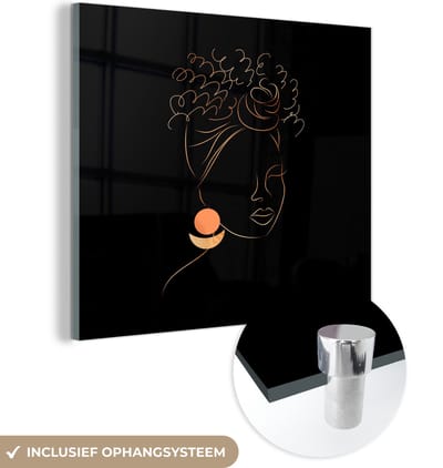 MuchoWow® Glasschilderij 50x50 cm - Schilderij acrylglas - Vrouw - Goud - Line art - Foto op glas - Schilderijen