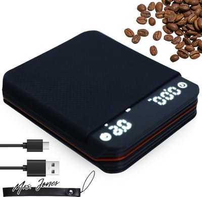 Mrs. Jones Mini-digitale koffieweegschaal met timer 2 kg/01 g zeer nauwkeurige espressoweegschaal 2 modi mini-koffieweegschaal oplaadbaar via USB barista-weegschaal met groot display en automatische .