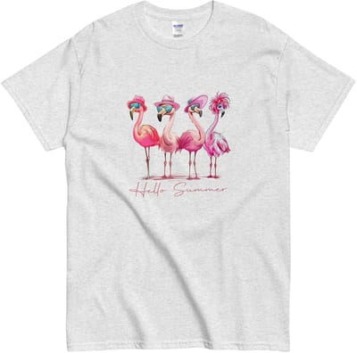 T Shirt Dames Heren met Grappige Zomer Flamingo's - Hello Summer - Licht Grijs - S