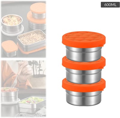 Broodtrommel - Snackdoosjes - Snackdoosjes kinderen - Koelkast organizer - Lunchbox volwassenen - 3-pack Snackbakjes van roestvrij staal - Met siliconen deksels - Ronde - Gemakkelijk te openen en lekvrij - Voor peuters en kleuters (600ml)