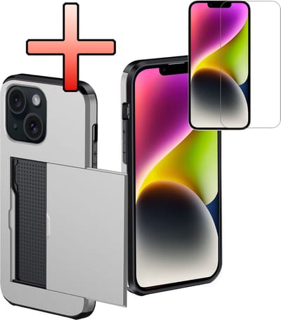 Hoes Geschikt voor iPhone 14 Hoesje Pasjeshouder Hard Cover Met Screenprotector Shock Proof Hard Case Hoes Met Kaarthouder - Grijs