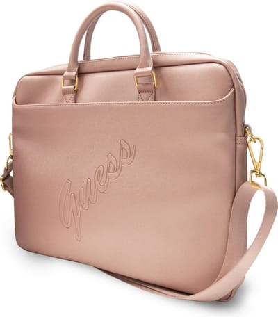 Guess Saffiano Vintage Script Laptop Tas - 15 en 16 inch Roze