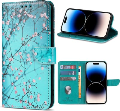 Multimedia & Accessoires Lederen Book Case Hoesje geschikt voor Apple iPhone 15 – Sierkers - Bloemen – Blauw -Telefoonhoesje – Met Stand – Kaarthouder – Pasjes Houder – Magneet Sluiting – Bookcase