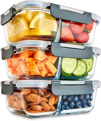 Famanu - Glazen meal prep containers met 2 compartimenten en luchtdichte kliksluiting deksels - portie controle voedsel vershoudbak - bpa vrij - magnetron, vriezer en vaatwasserbestendig [3 stuks]