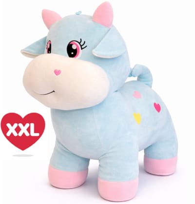 Squishy Koe Lichtblauw met Hartjes Pluche Knuffel XXL 90 cm - Speelgoed XL Knuffels voor Kinderen Jongens Meisjes - Stier Bull Cow Plush