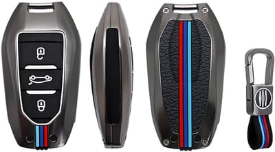 Autosleutel Hoesje geschikt voor Peugeot - Sleutelcover - Metalen Sleutelhoes - Accessoires - grijs