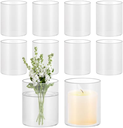 Dailygoods- Kaarsglas 10 cm hoog - Glazen Vaas - Cilindrische Vaas - Decoratie - Set van 8 - Heldere Glazen Cilinders - Bloemenvaas