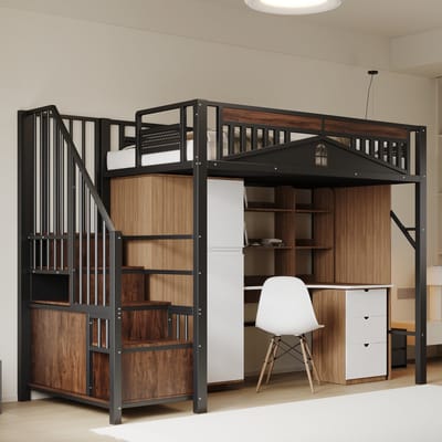 MODFU Hoogslaper 90x200 cm – metaal en hout zwart – met opbergtrap, kastje en veiligheidshek met raam – uniek design