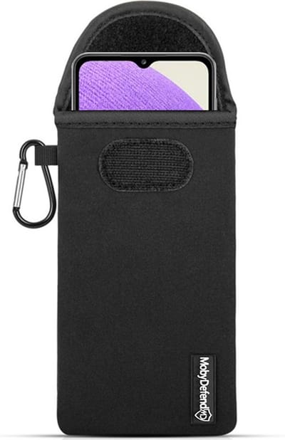 MobyDefend Hoesje - Geschikt voor Samsung Galaxy A32 (4G) - Neopreen Pouch Met Karabijnhaak - Insteek - Riemlus - Zwart