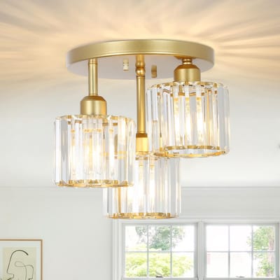 Moderne Kristallen Kroonluchter, 3-lichts Kristallen Plafondlamp met Glazen Lampenkap, Moderne Plafondlamp Woonkamer, Glazen Plafondlamp voor Slaapkamer, Keuken, Hal, Badkamer, Mat Goud