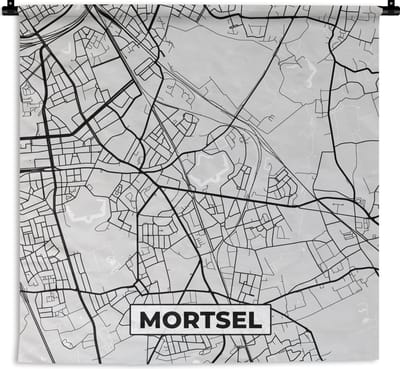 Wandkleed - Wanddoek - Stadskaart – Zwart Wit - Kaart – Mortsel – België – Plattegrond - 180x180 cm - Wandtapijt