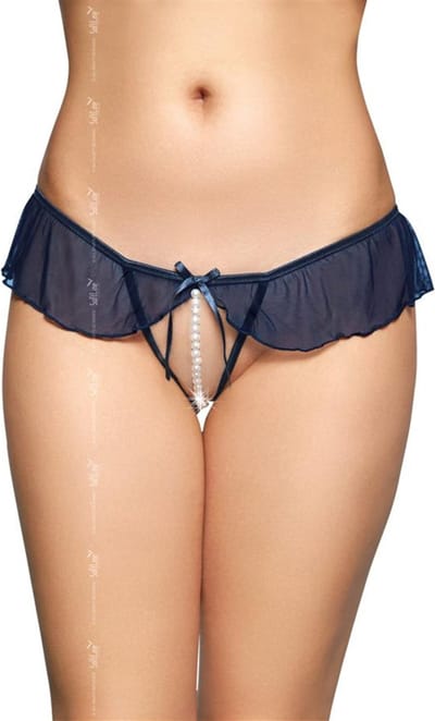 Softline- sensuele blauwe string met een open kruis en een frivole franje rond de heupen | M/L