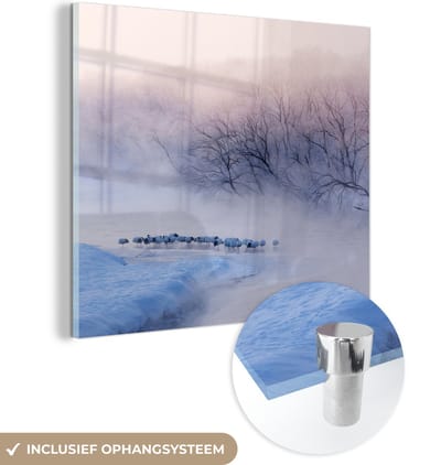 MuchoWow® Glasschilderij 90x90 cm - Schilderij acrylglas - Vogel - Mist - Rivier - Winter - IJs - Foto op glas - Schilderijen