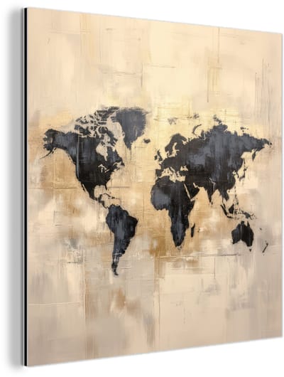 Aluminium schilderij 90x90 cm - Wanddecoratie metaal - Wereldkaart - Goud - Zwart - Abstract - Metalen muurdecoratie woonkamer - Decoratie industrieel - Foto op dibond - Industriële accessoires slaapkamer