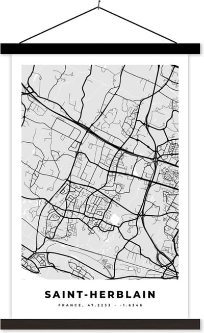 Posterhanger incl. Poster 40x60 cm - Schoolplaat - Stadskaart - Frankrijk - Kaart - Saint-Herblain - Plattegrond - Textielposter - Zwarte latten - Stadskaart