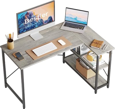 Computertafel, 120 cm, omkeerbaar, L-vorm, hoekbureau met plank, verstelbare hoogte, klein bureau met opbergvakken voor thuiskantoor, ruimte, sterker, X-vormige houder, lichtgrijs