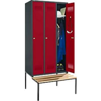 Schäfer Shop Genius Kledingkast met bank, 3 vakken, 300 mm vakbreedte, cilinderslot, antraciet/rood, 3 vakken, antraciet/rubberrood