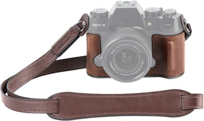Half Leather Case Set met Schouderriem voor FUJIFILM X-T50 - Retro Camera Case van Aluminium en Leer, Bruin, Bescherming en Stijl
