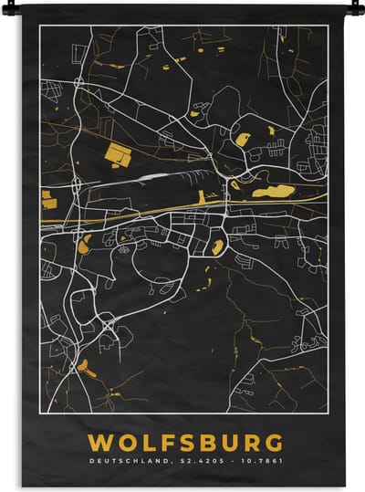 Wandkleed - Wanddoek - Black and Gold – Stadskaart – Wolfsburg – Duitsland – Plattegrond – Kaart - 120x180 cm - Wandtapijt