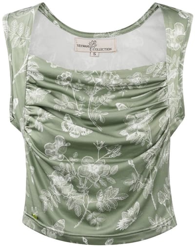 Modieuze Mouwloze Top met Asymmetrische Hals en Botanische Print - Groen - Maat L