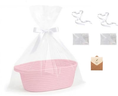 Opbergmand, gevlochten mand, geschenktassenset, inclusief cadeautasje, strik en wenskaart, voor verjaardag, bruiloft, Pasen, oogst(roze)