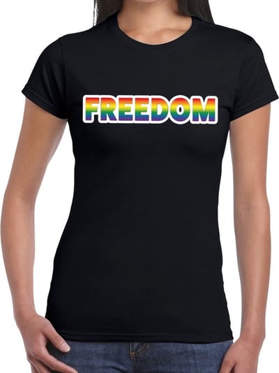 Freedom gay pride t-shirt zwart met regenboog tekst voor dames - Gay pride/LGBT kleding XS