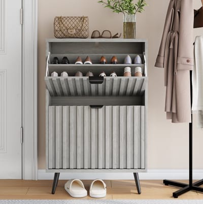 DESMIU Schoenenkast - Ruimtebesparend Klapdeursysteem Met Groefdesign - Voor Hal, Woonkamer En Entree - MDF En Spaanplaat - Grijs - 60 Cm
