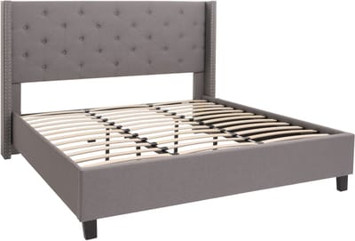 Gestoffeerd bed MCW-N59, bed tweepersoons lattenbodem, massief hout stof/textiel 180x200cm ~ grijs