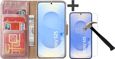 Hoesje met Screenprotector Geschikt voor Samsung Galaxy S25 – Arara bookcase met pasjeshouder - Rosegoud
