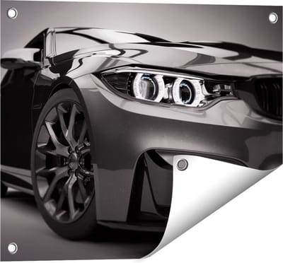 Gards Tuinposter Grijze Sportwagen Auto - Zwart Wit - 50x40 cm - Tuindoek - Tuindecoratie - Wanddecoratie buiten - Tuinschilderij