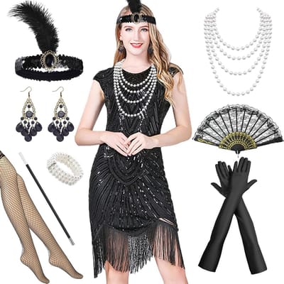 Flapper Jurk voor Dames uit de Jaren 20 met Veren Hoofdband, Handschoenen en Parels - Perfect voor Carnaval en Themadiners