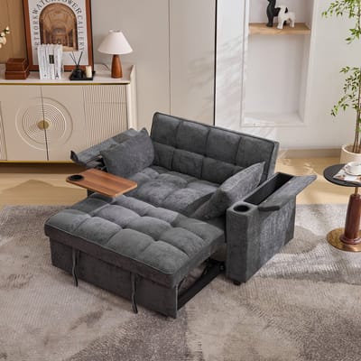 3-in-1 uitschuifbare slaapsofa met USB-C en USB-A - 2-zits bank met verstelbare rugleuning 108°-180° - 140.5x74x82 cm - grijs - verborgen tafel met drankhouders - opbergvak - wieltjes